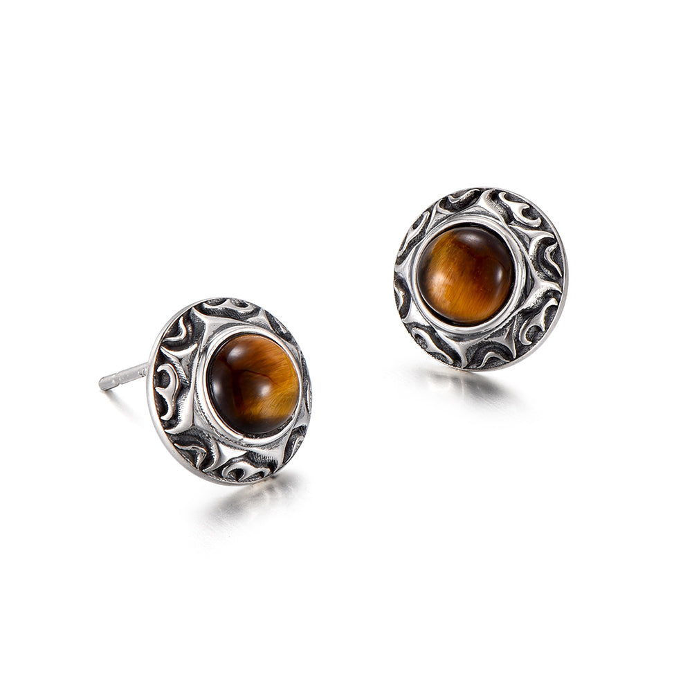 Vintage Sun Motif Tiger Eye Stone Stud Earrings