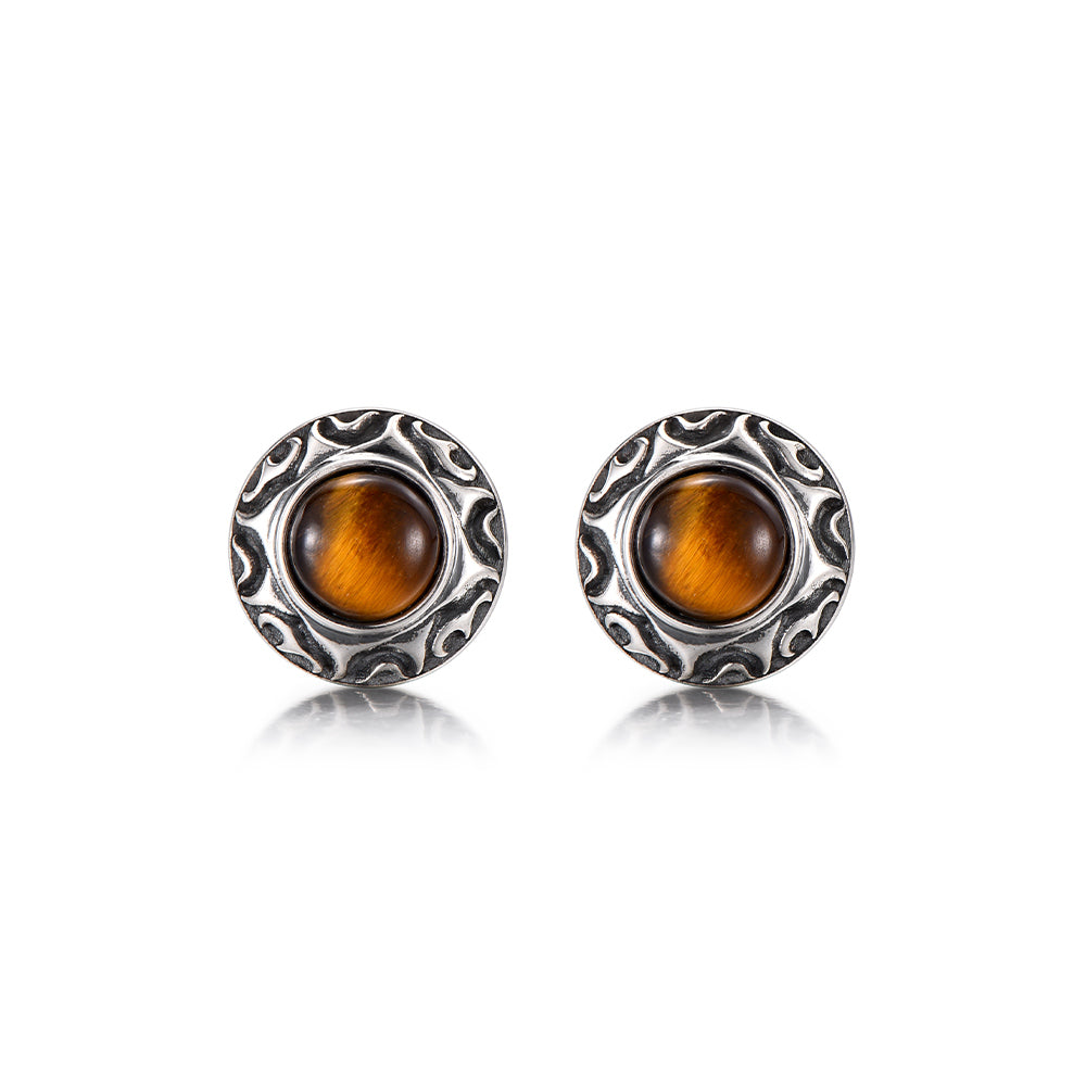 Vintage Sun Motif Tiger Eye Stone Stud Earrings