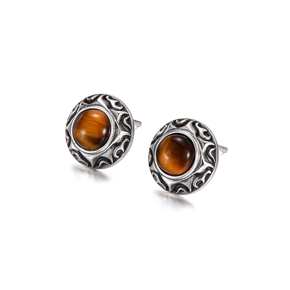 Vintage Sun Motif Tiger Eye Stone Stud Earrings