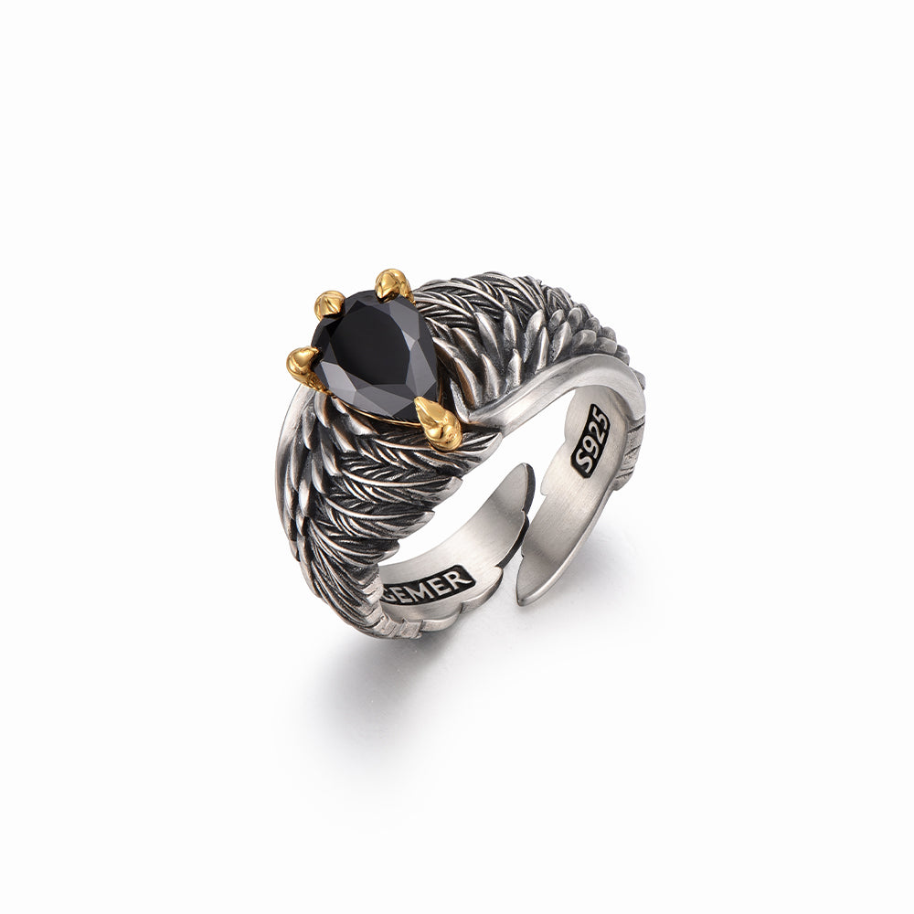 Vintage Black Onyx Spirit Eagle Spiral Wings Ring