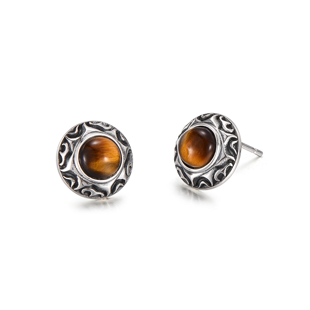 Vintage Sun Motif Tiger Eye Stone Stud Earrings