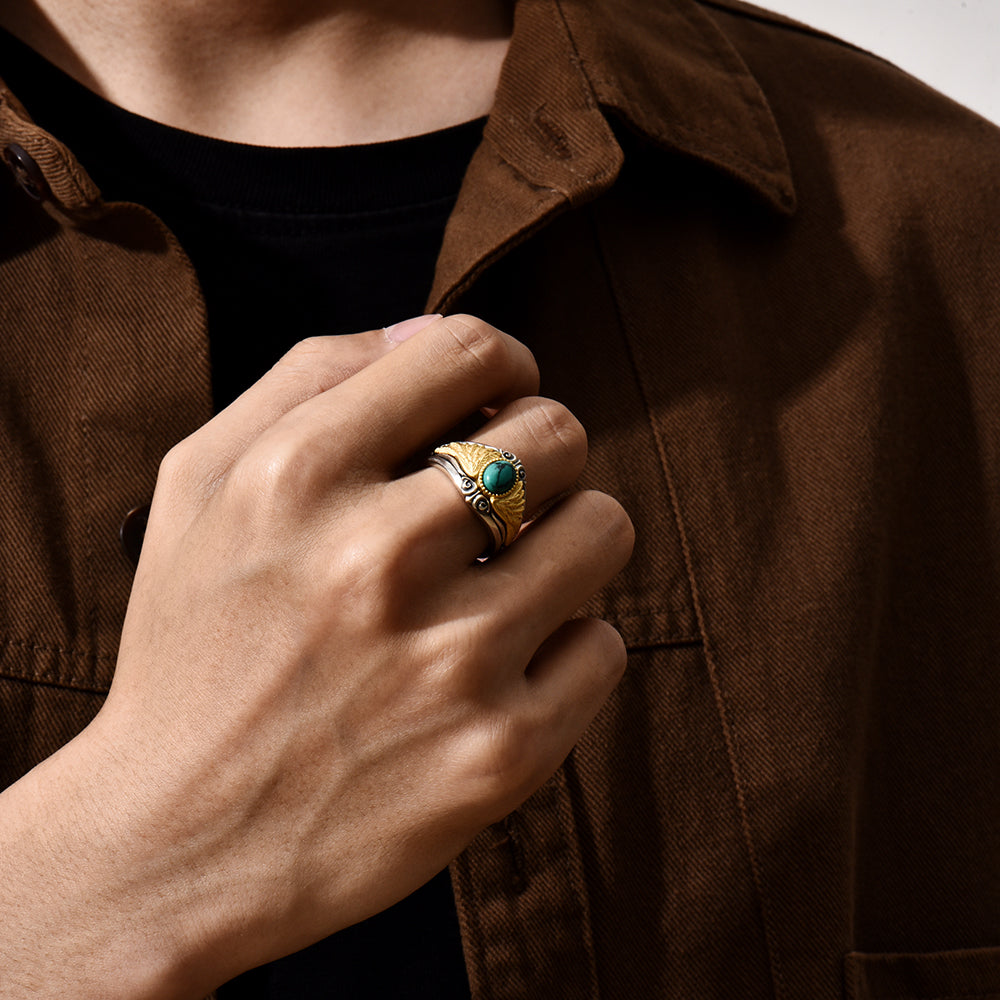 Vintage Golden Eagle Wings Turquoise Ring