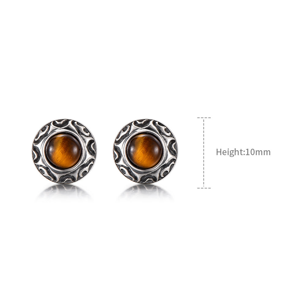 Vintage Sun Motif Tiger Eye Stone Stud Earrings