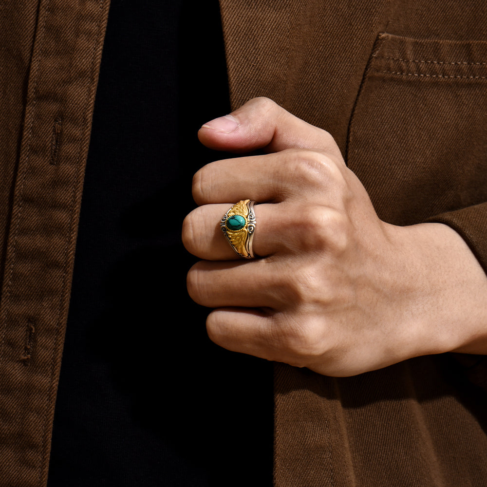 Vintage Golden Eagle Wings Turquoise Ring