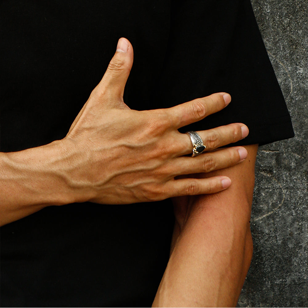 Vintage Black Onyx Spirit Eagle Wings Ring