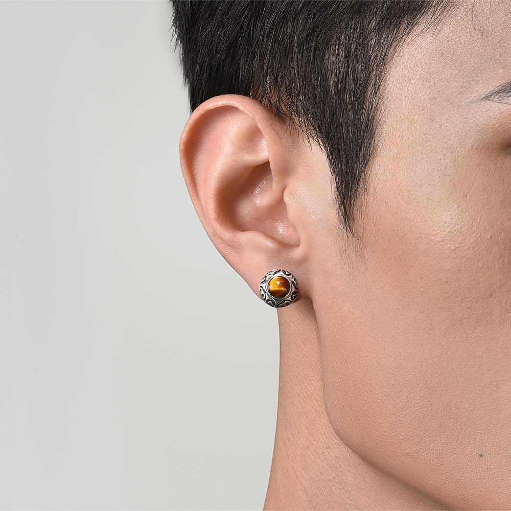 Vintage Sun Motif Tiger Eye Stone Stud Earrings