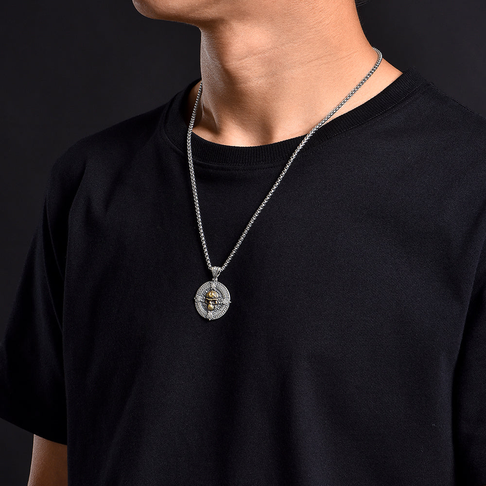 Vintage Flame Skull Circle Pendant