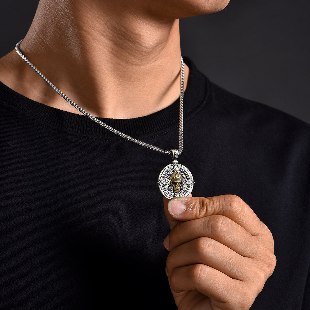 Vintage Flame Skull Circle Pendant