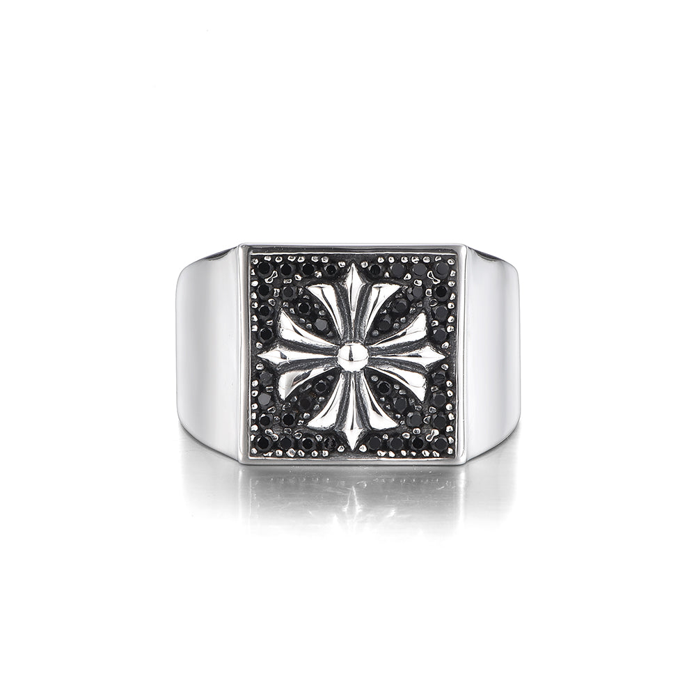 Vintage Chrome Heart Cross Square Signet Ring