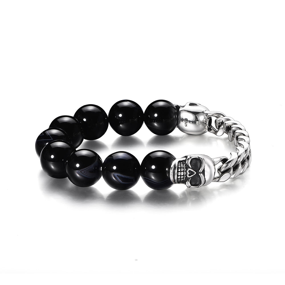 Black Obsidian & Skull Cuban Link Bracelet