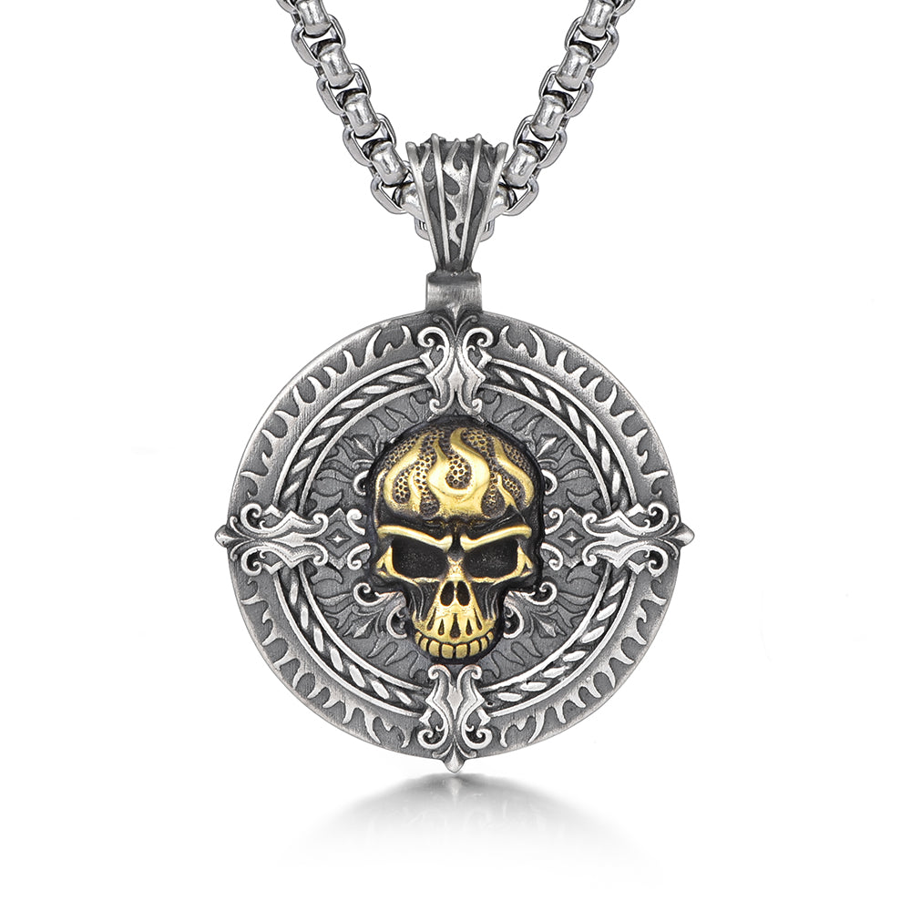 Vintage Flame Skull Circle Pendant