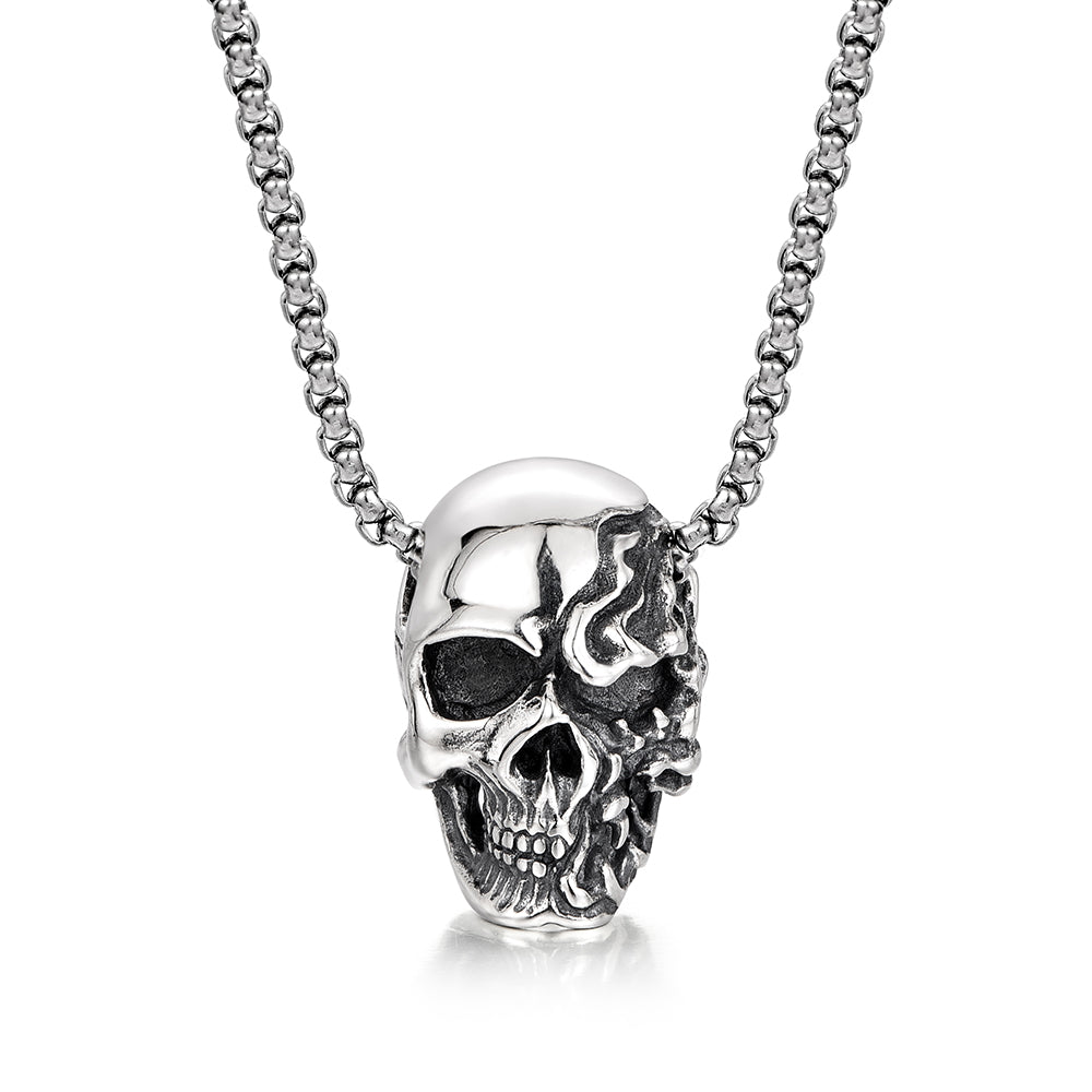 Vintage Flame Skull Pendant Necklace