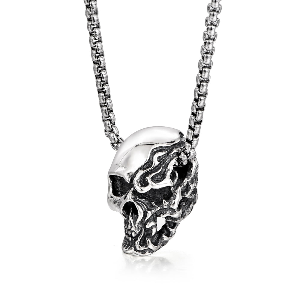 Vintage Flame Skull Pendant Necklace