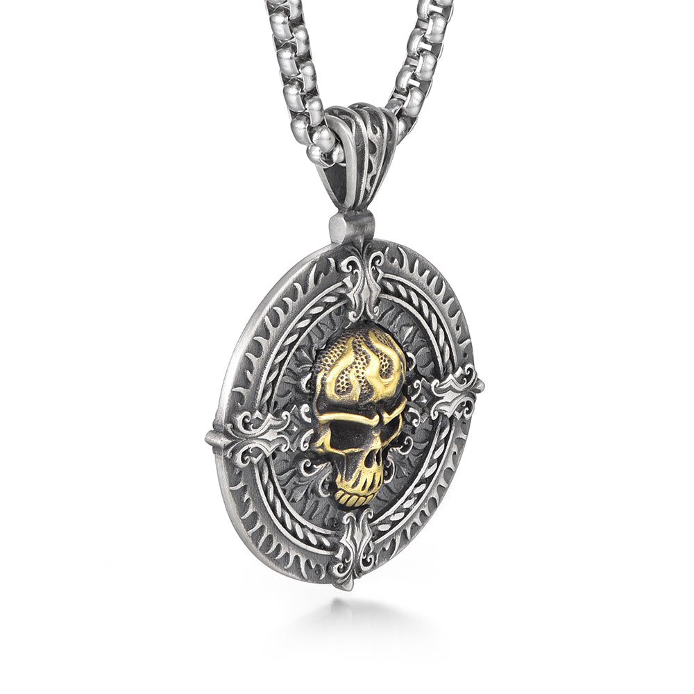 Vintage Flame Skull Circle Pendant