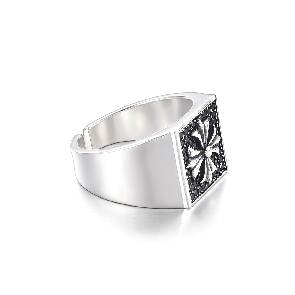 Vintage Chrome Heart Cross Square Signet Ring