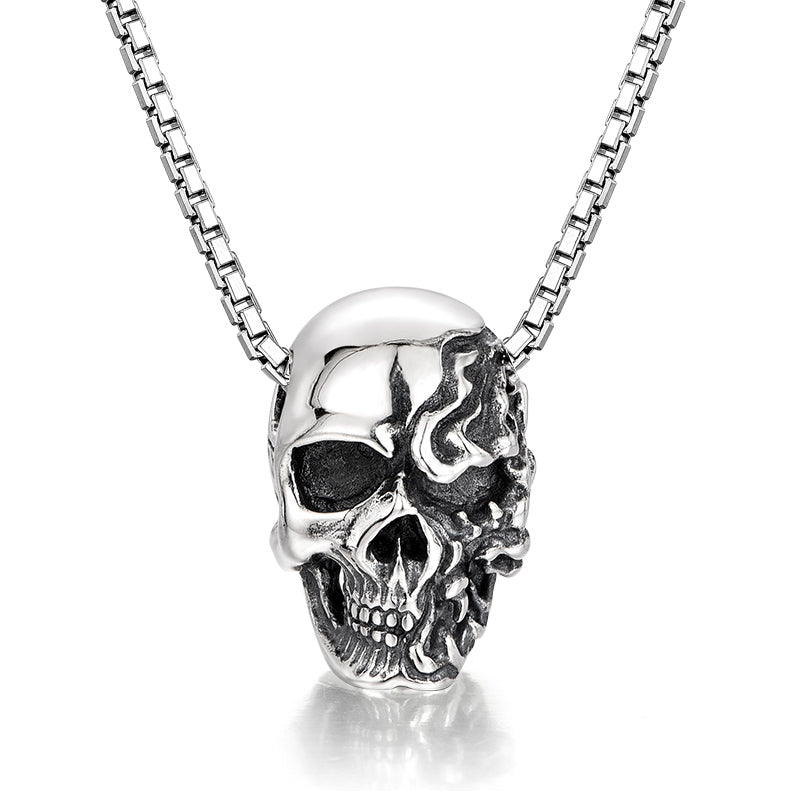 Vintage Flame Skull Pendant Necklace