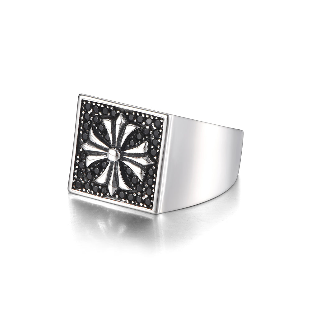 Vintage Chrome Heart Cross Square Signet Ring