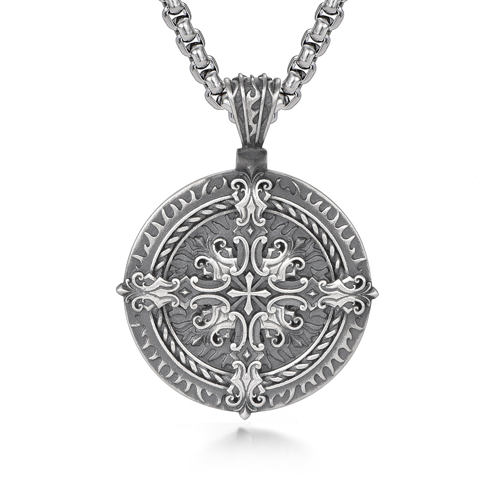 Vintage Flame Skull Circle Pendant