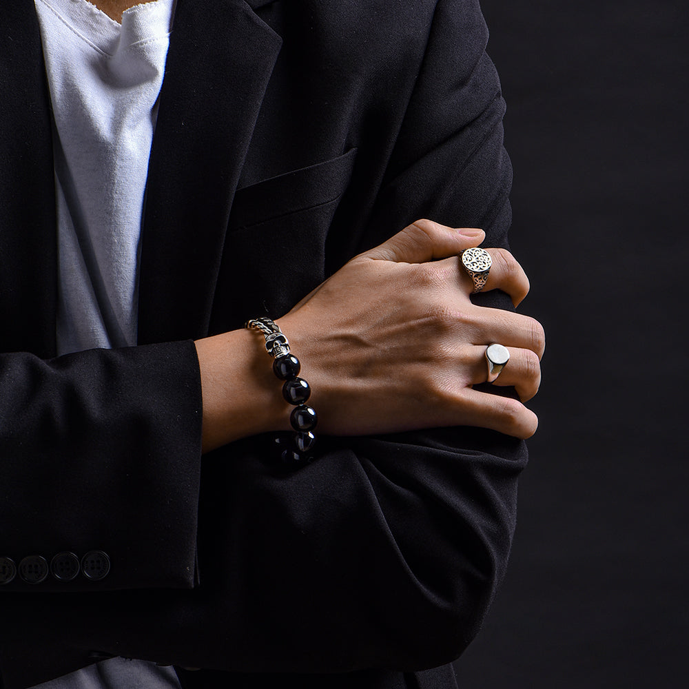 Black Obsidian & Skull Cuban Link Bracelet