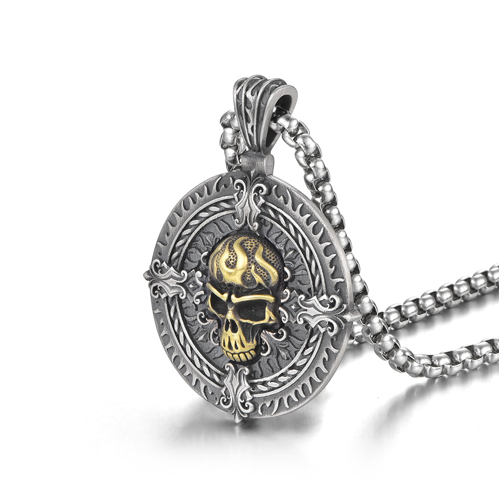 Vintage Flame Skull Circle Pendant