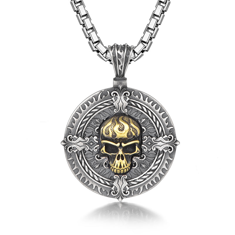 Vintage Flame Skull Circle Pendant