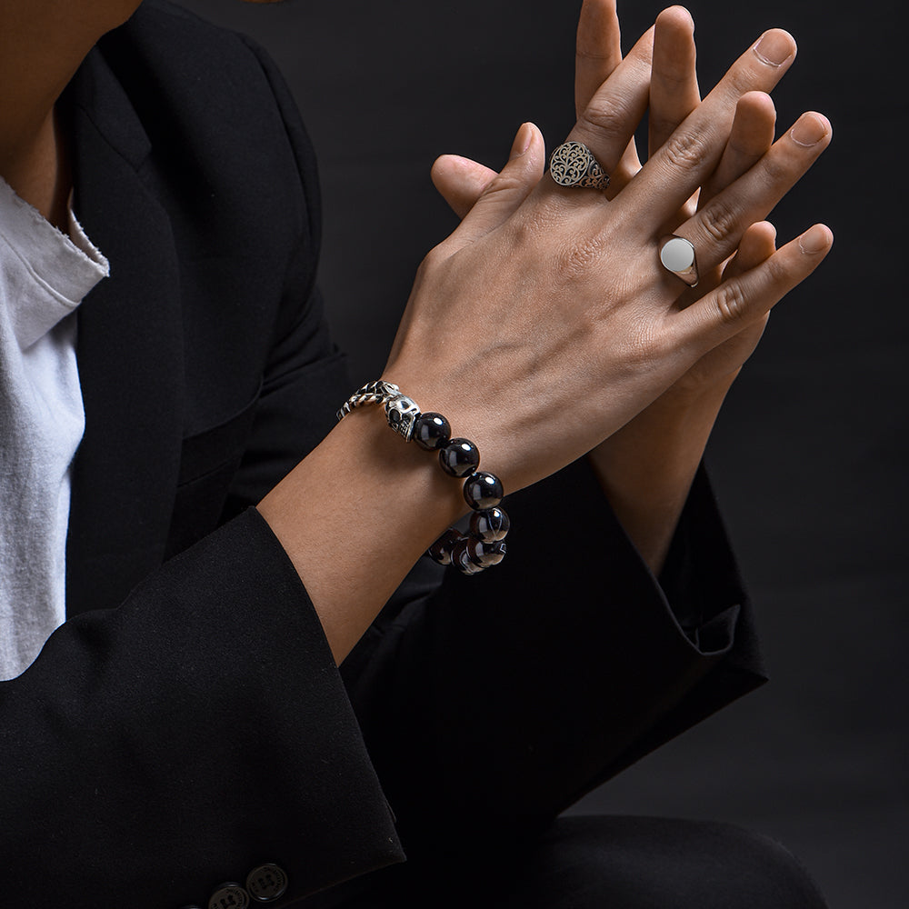 Black Obsidian & Skull Cuban Link Bracelet