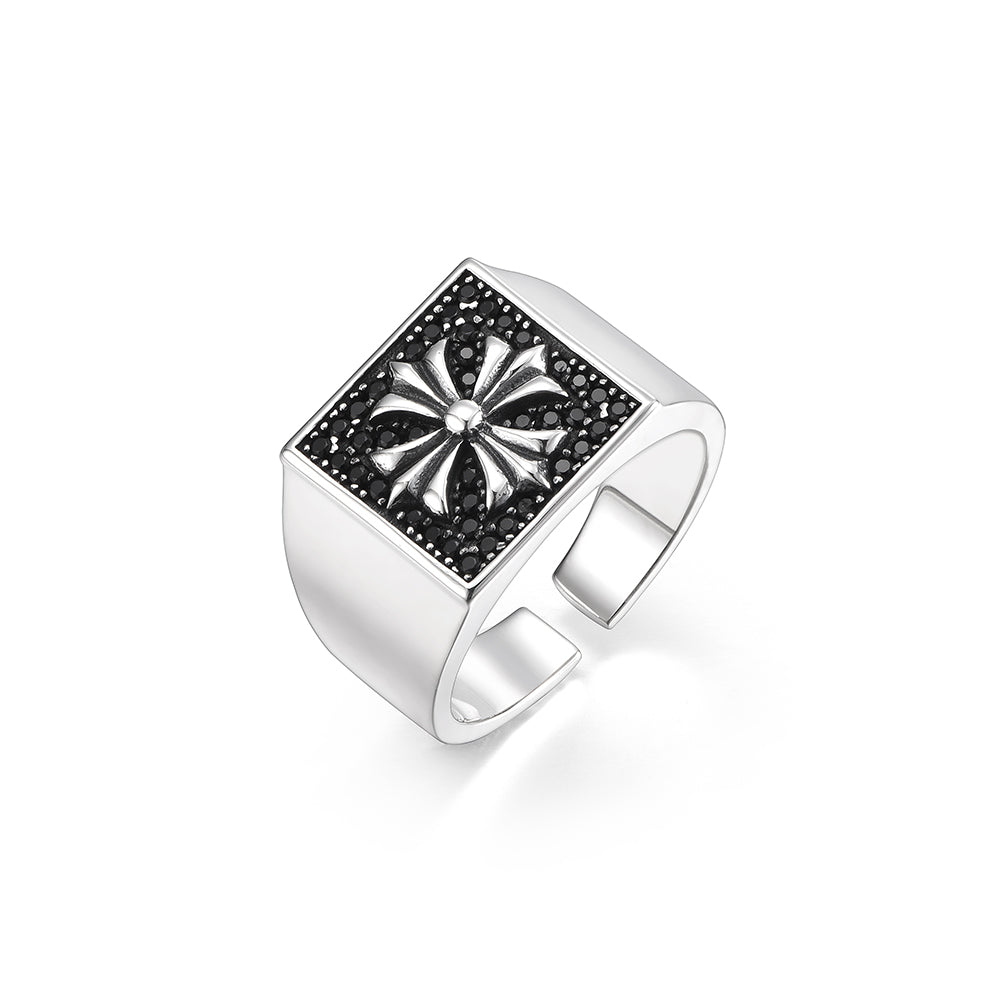 Vintage Chrome Heart Cross Square Signet Ring
