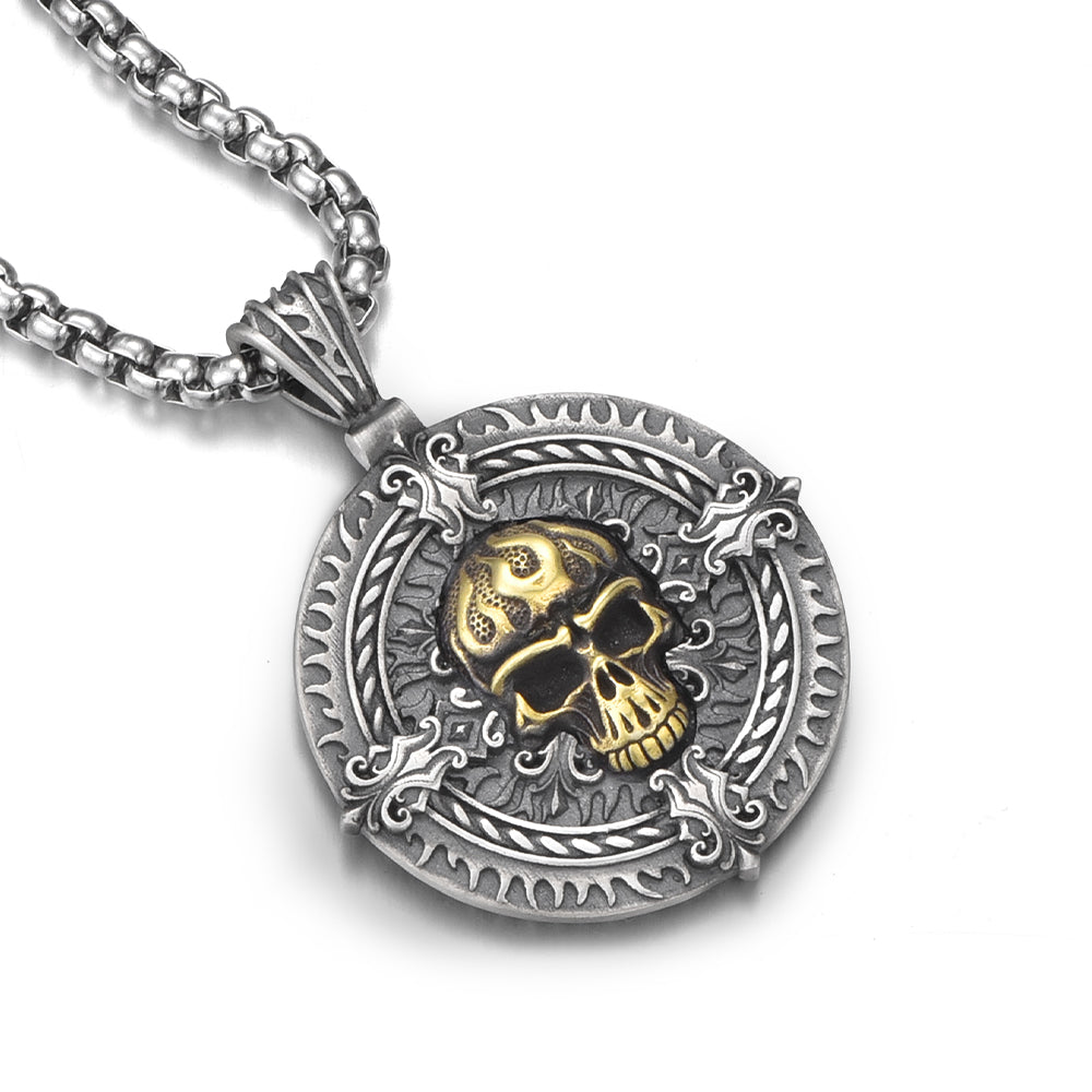 Vintage Flame Skull Circle Pendant
