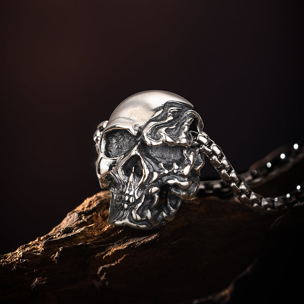 Vintage Flame Skull Pendant Necklace