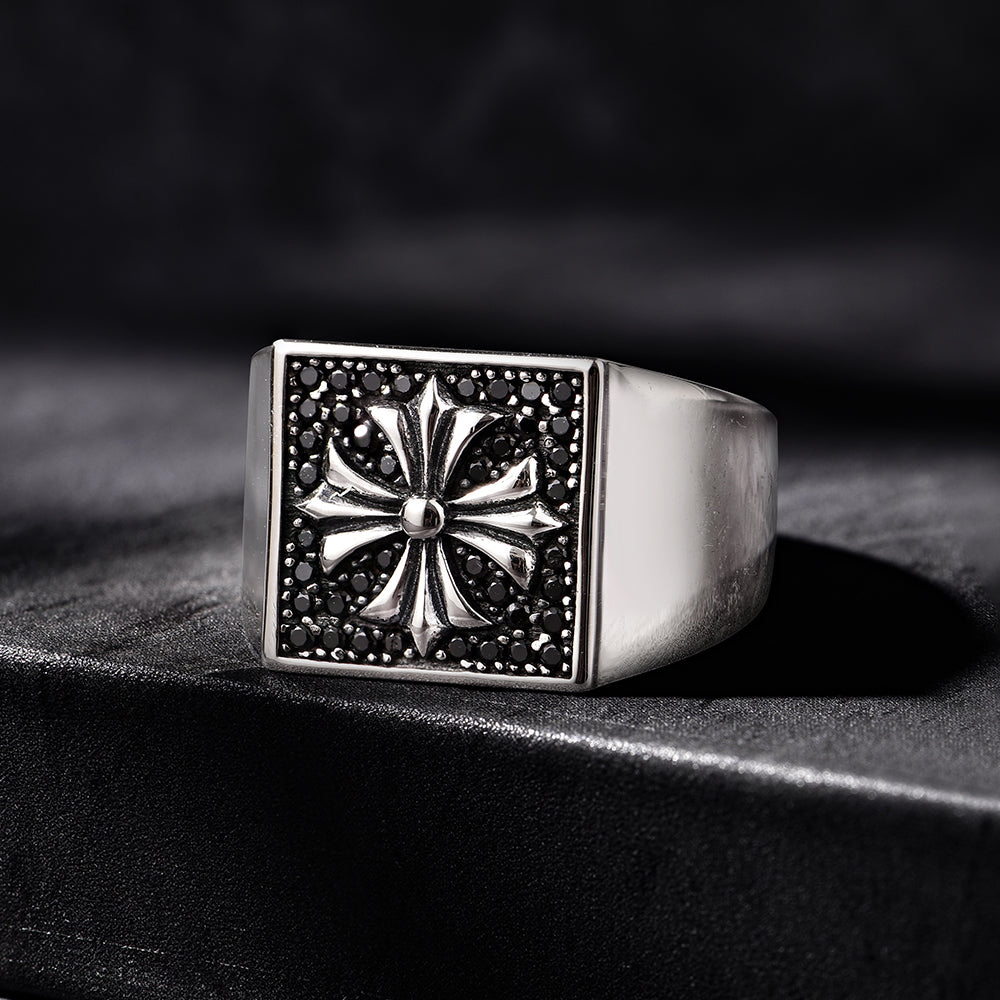 Vintage Chrome Heart Cross Square Signet Ring