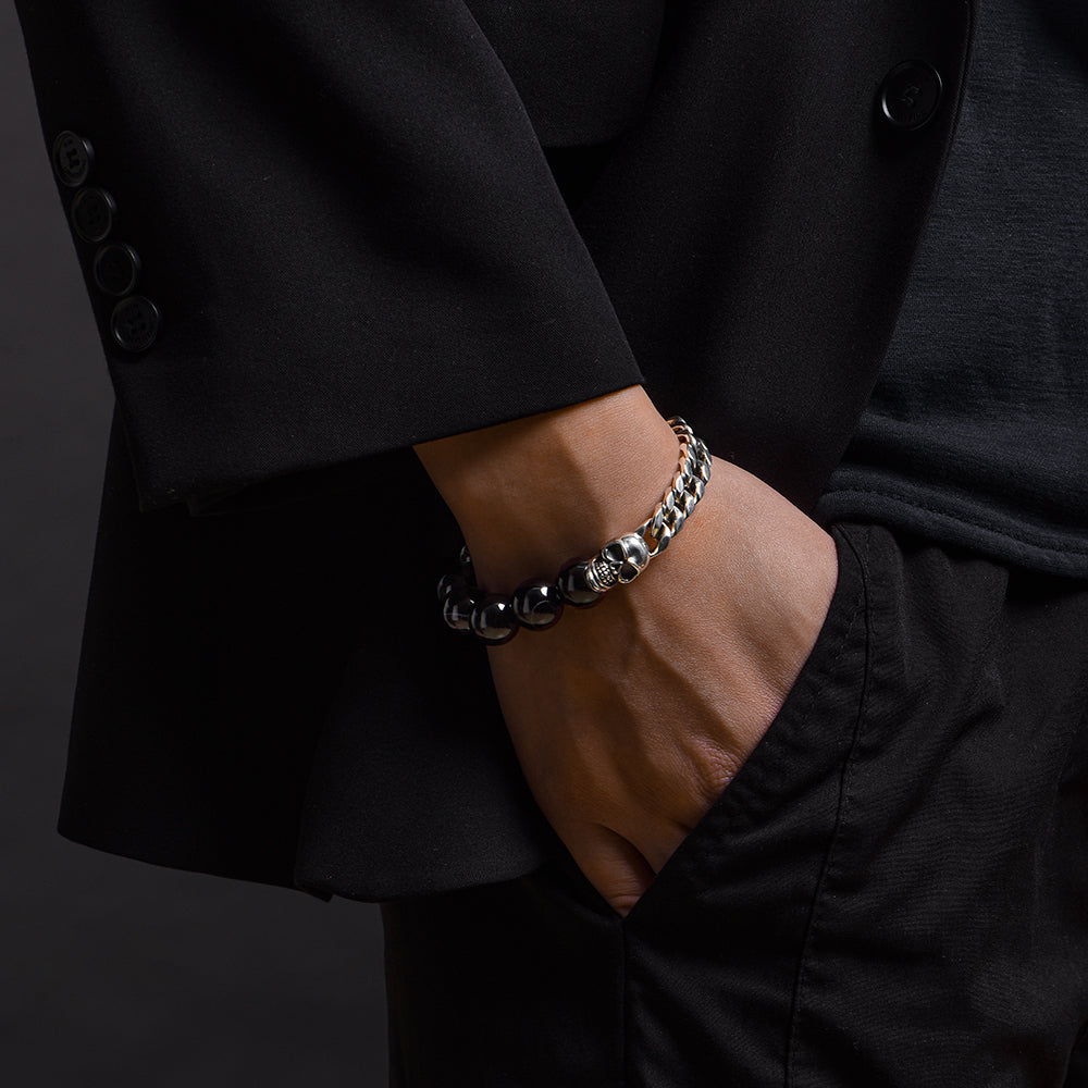Black Obsidian & Skull Cuban Link Bracelet