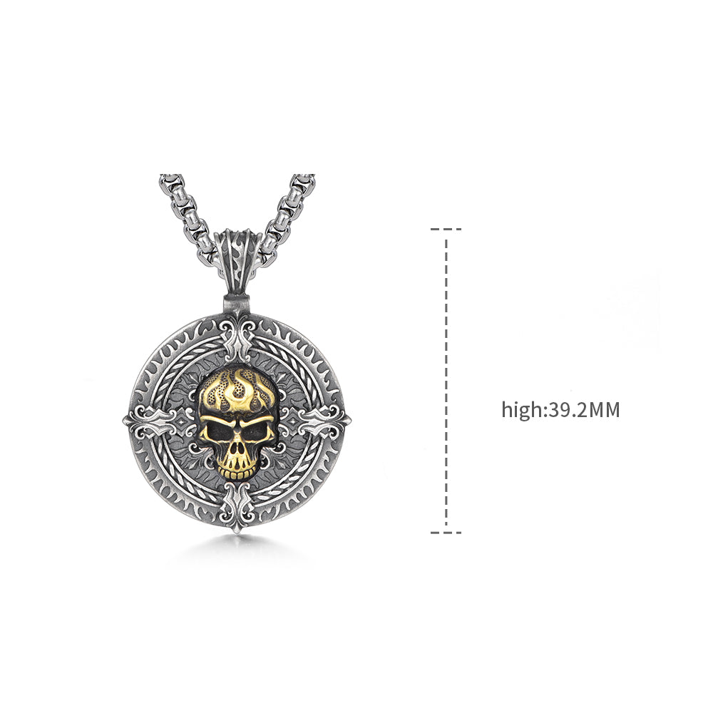 Vintage Flame Skull Circle Pendant