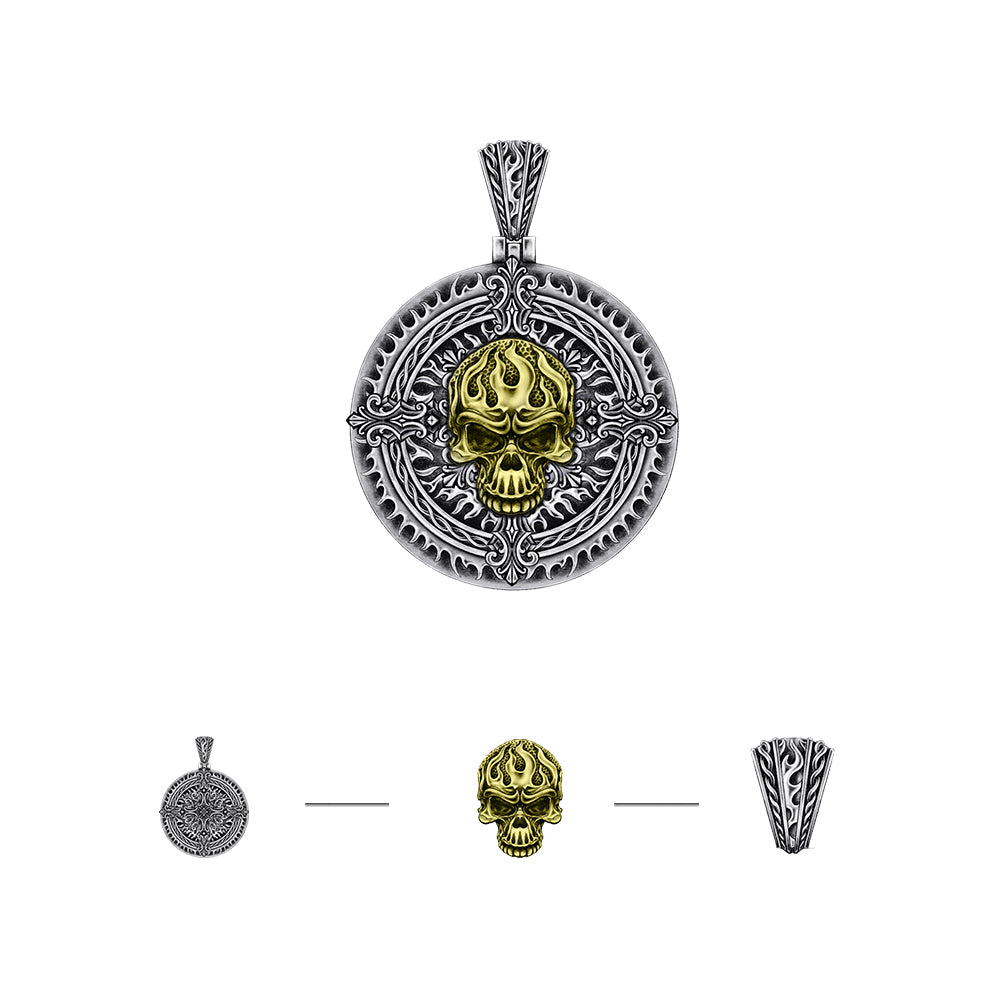 Vintage Flame Skull Circle Pendant