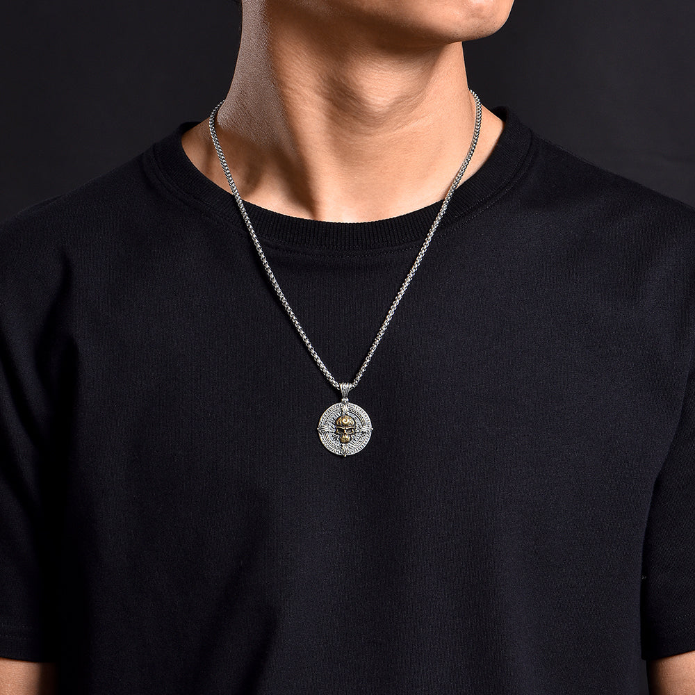 Vintage Flame Skull Circle Pendant