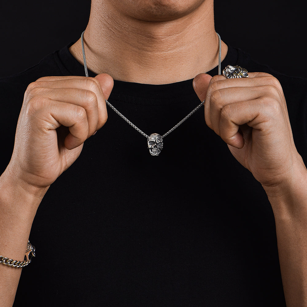 Vintage Flame Skull Pendant Necklace