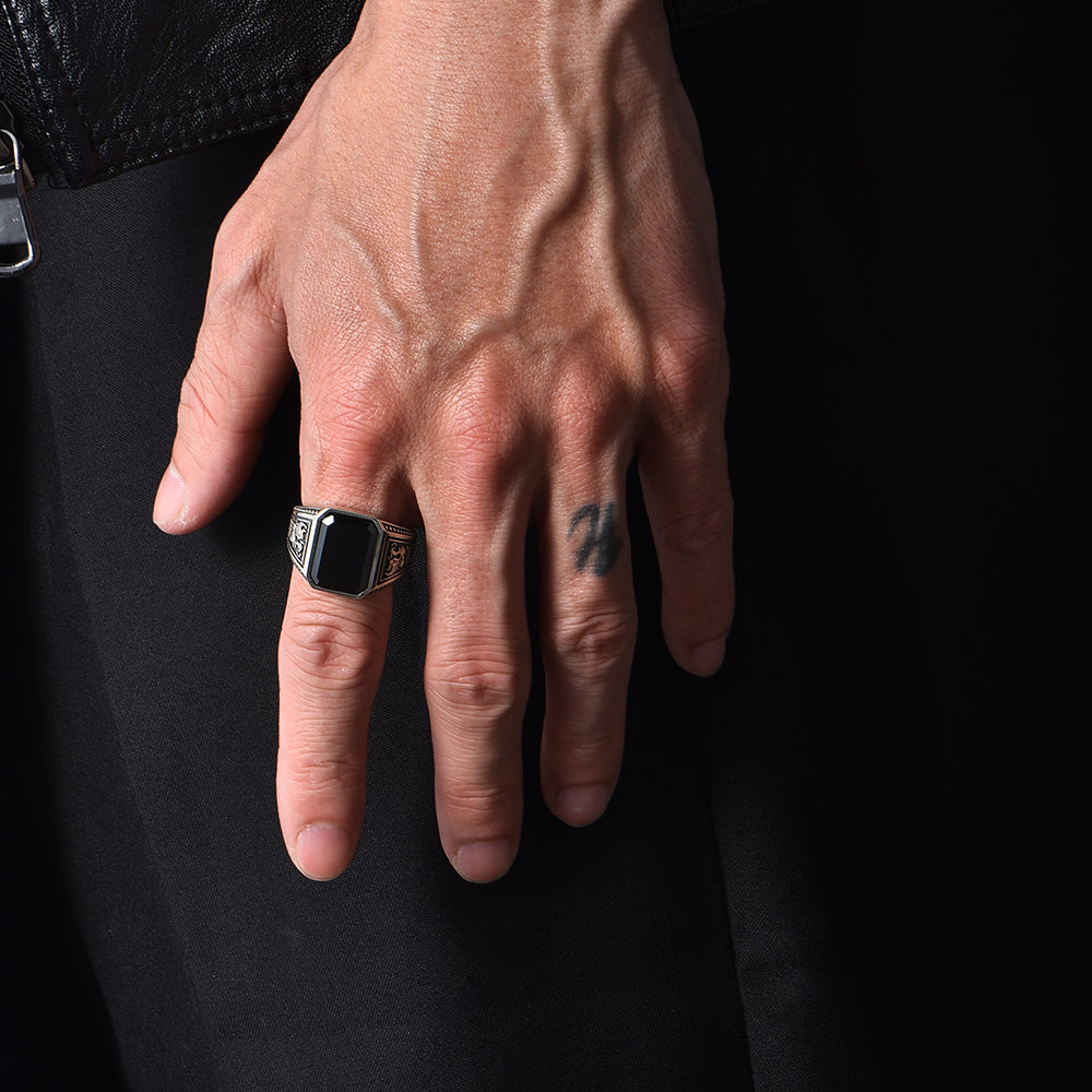 Vintage House of Dragon Black Onyx Signet Ring