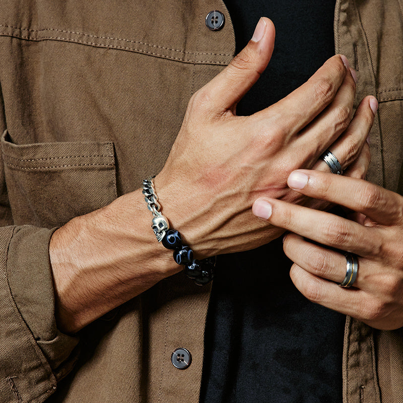 Black Obsidian & Skull Cuban Link Bracelet