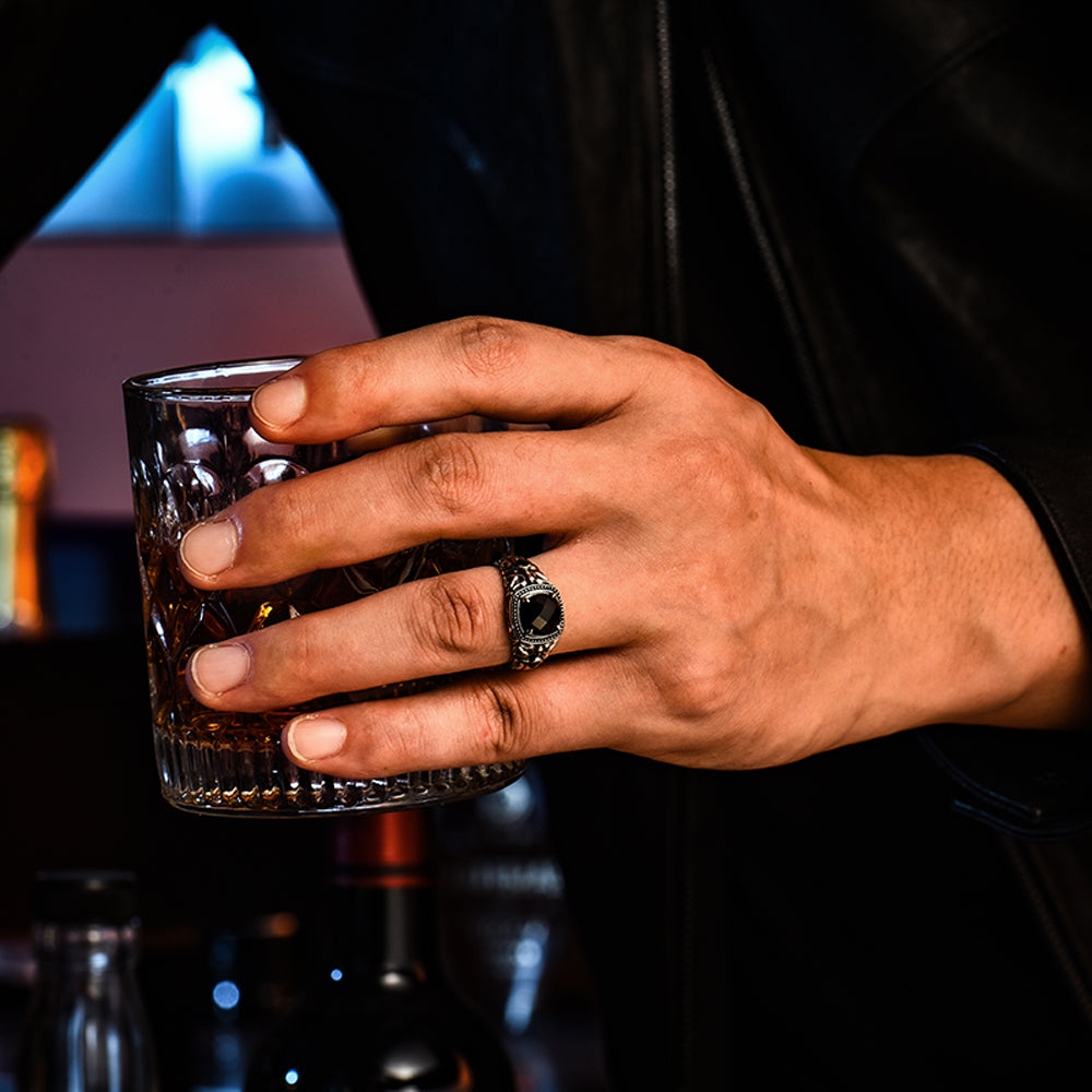 Vintage Flame Sword Black Onyx Signet Ring