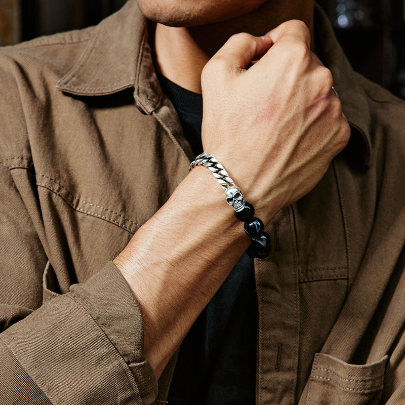 Black Obsidian & Skull Cuban Link Bracelet