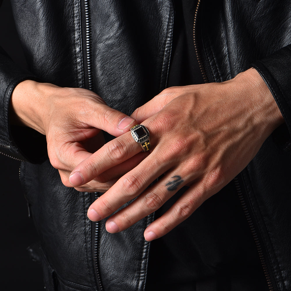 Vintage Latin Cross Black Onyx Signet Ring