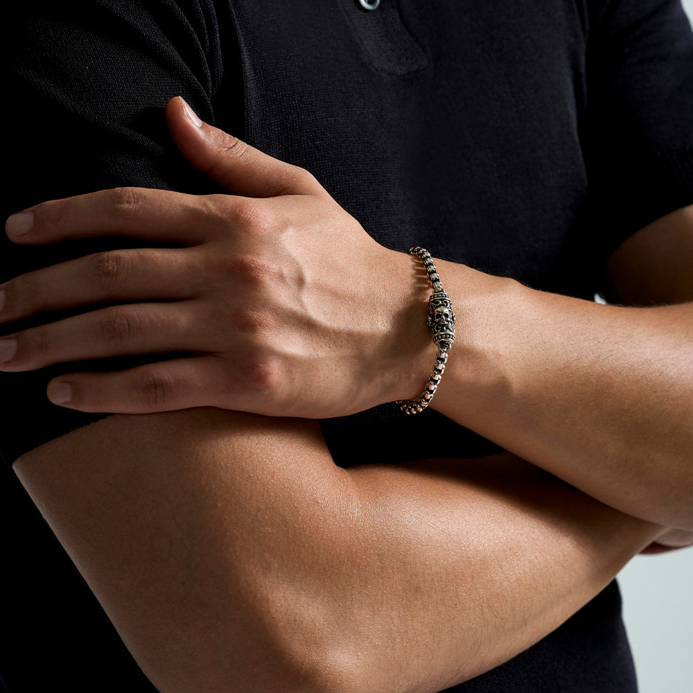Vintage Skull & Rose Rolo Link Chain Bracelet