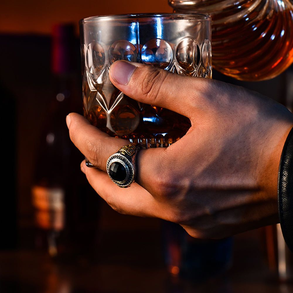 Bronze Pattern Black Onyx Signet Ring