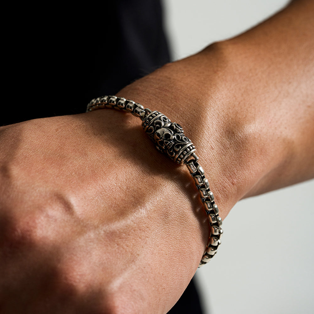Vintage Skull & Rose Rolo Link Chain Bracelet