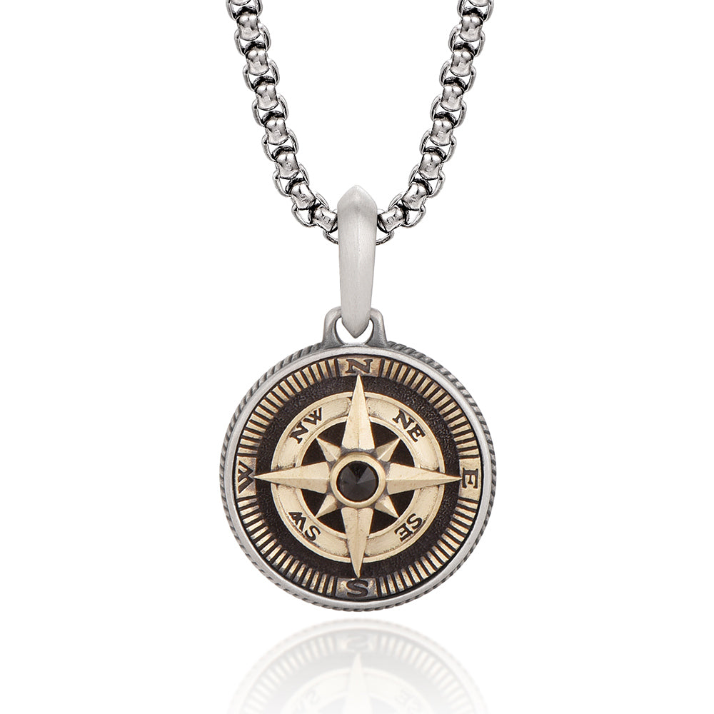 IDEAGEMER Compass Sterling Silver Necklace Hip Hop Pendants