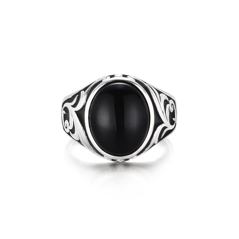 Vintage Karahanamon Black Onyx Signet Ring