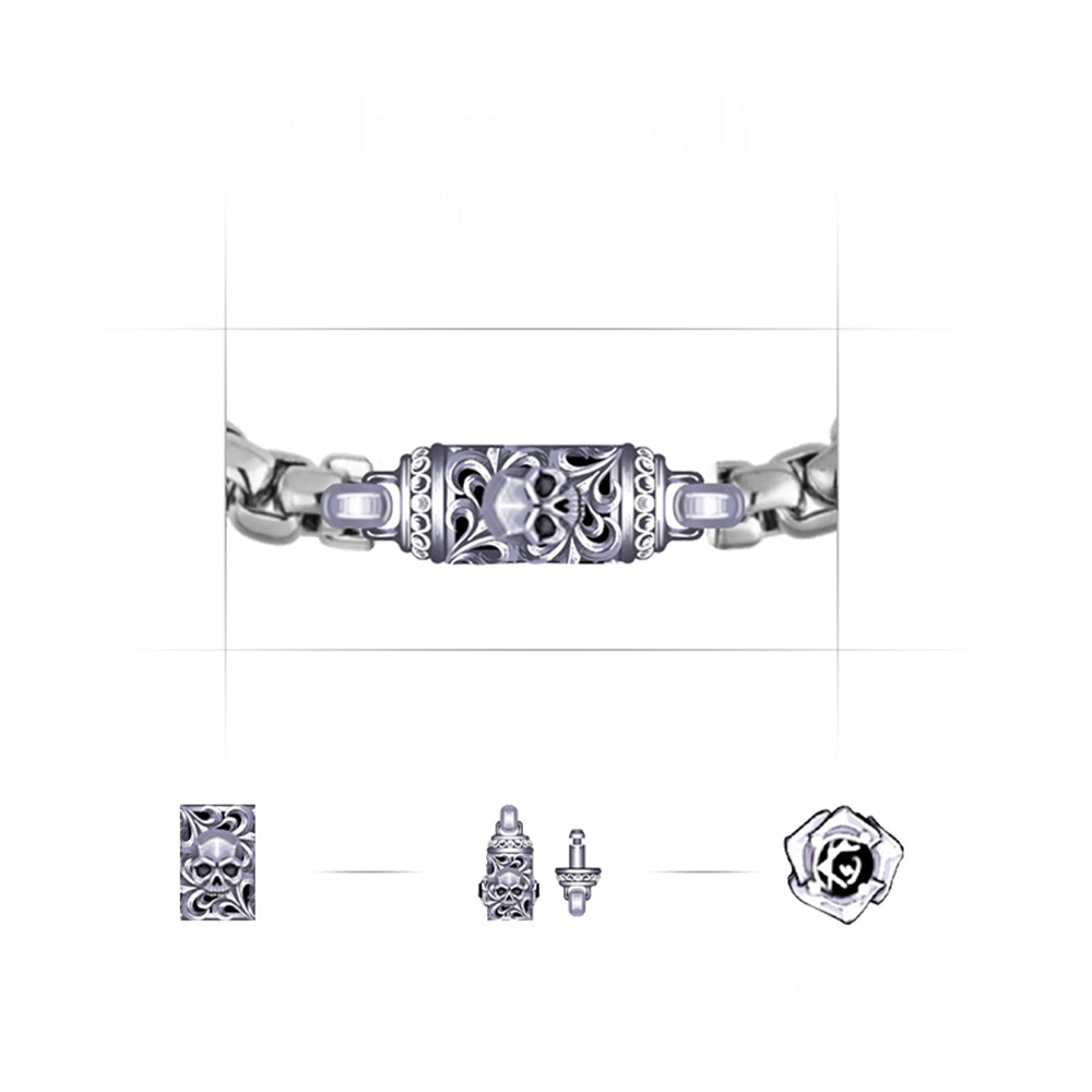 Vintage Skull & Rose Rolo Link Chain Bracelet