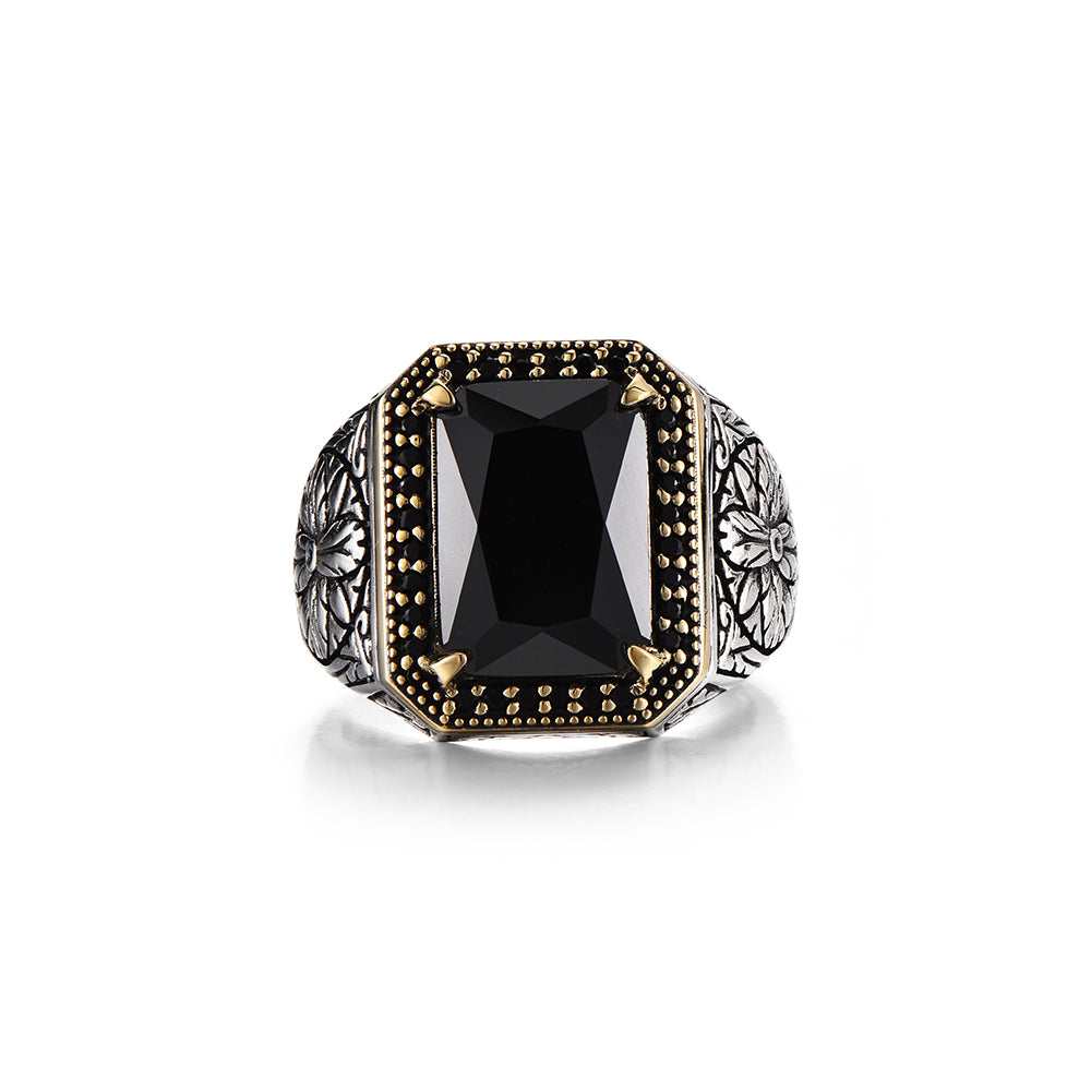 Vintage Floral Black Onyx Signet Ring