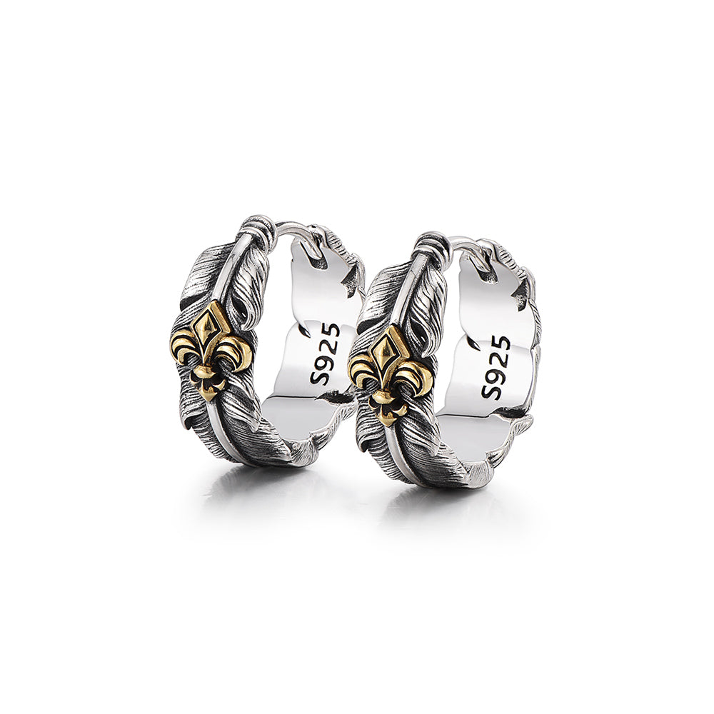 Vintage Two-Tone Fleur-de-lis Feather Hoop Earrings