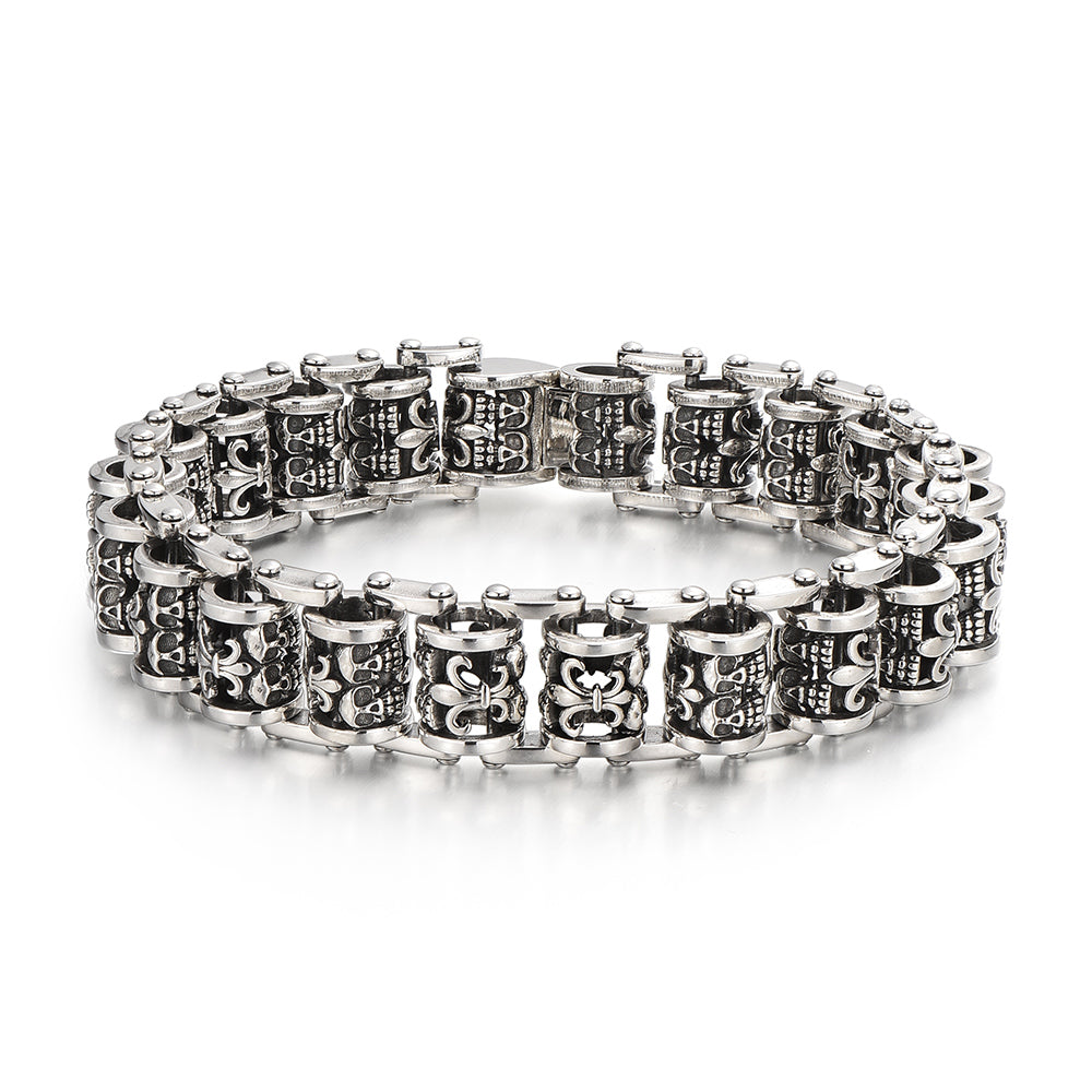 Vintage Fleur-De-Lis Skull Roller Chain Bracelet
