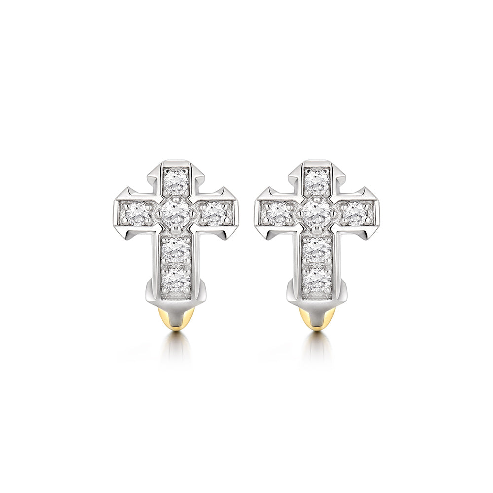 Two Tone Iced Cross Hoop Earrings